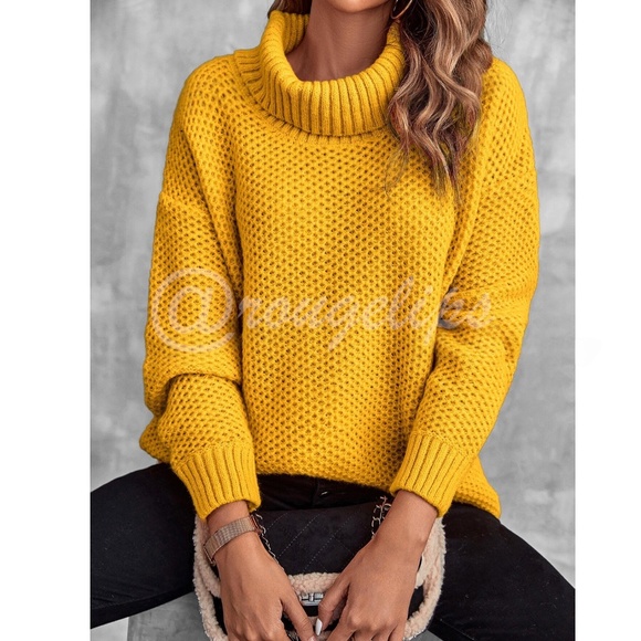 Mustard Yellow Knit Turtleneck Pullover Sweater Long Sleeve Loose Fit Oversized - Picture 2 of 8
